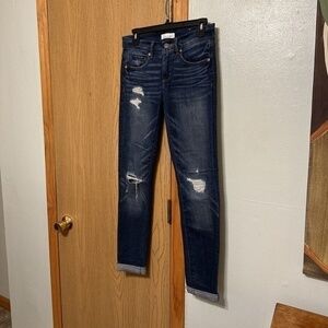 Loft "Modern Skinny" Size 0/25 Dark Wash Low-Rise Skinny Leg Distressed Jeans